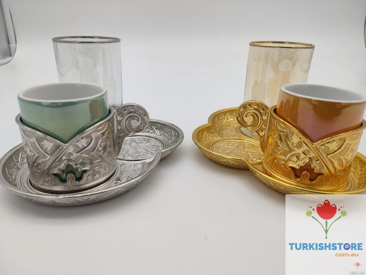 Authentic Turkish Coffee Glass Set 1 Person Servise Greek Arabic Espresso Service Cups Saucers Lids Gold Silver Turkey