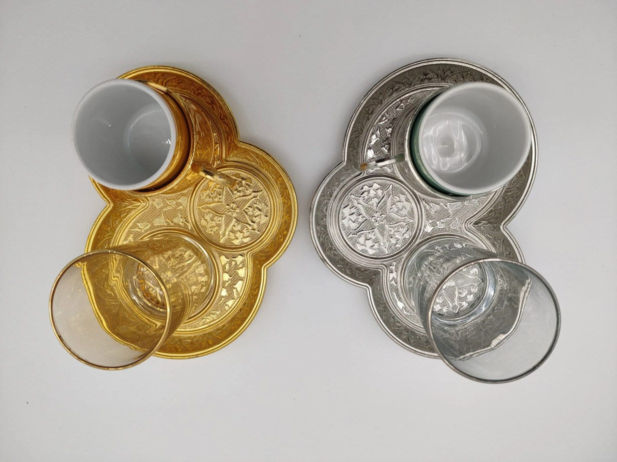 Authentic Turkish Coffee Glass Set 1 Person Servise Greek Arabic Espresso Service Cups Saucers Lids Gold Silver Turkey
