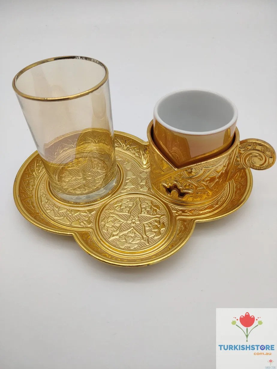 Authentic Turkish Coffee Glass Set 1 Person Servise Greek Arabic Espresso Service Cups Saucers Lids Gold Silver Turkey