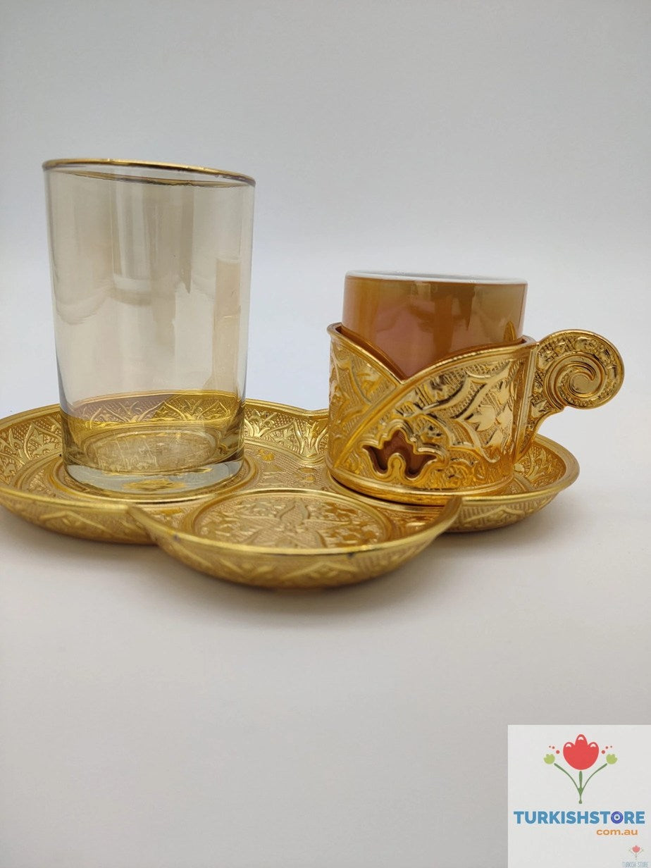 Authentic Turkish Coffee Glass Set 1 Person Servise Greek Arabic Espresso Service Cups Saucers Lids Gold Silver Turkey