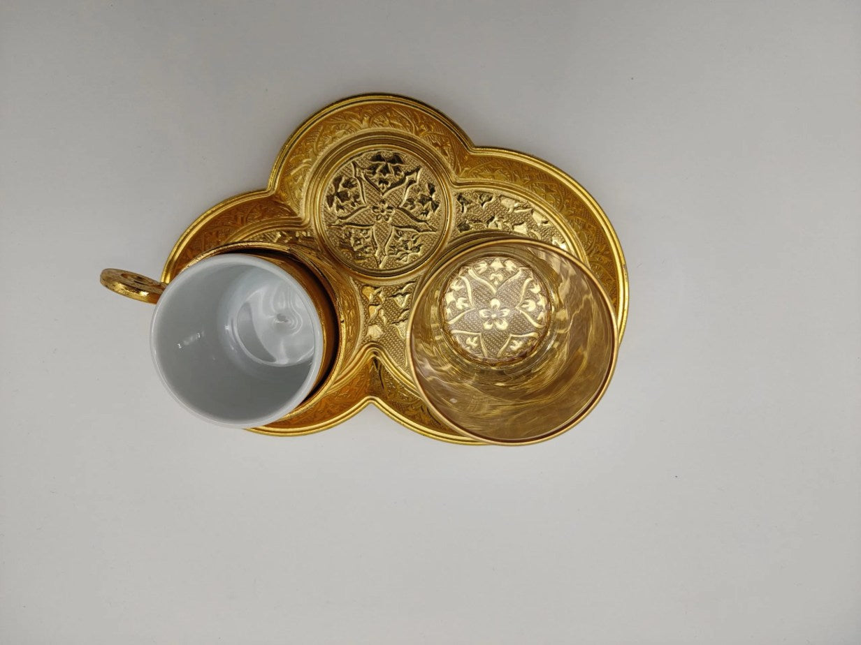Authentic Turkish Coffee Glass Set 1 Person Servise Greek Arabic Espresso Service Cups Saucers Lids Gold Silver Turkey