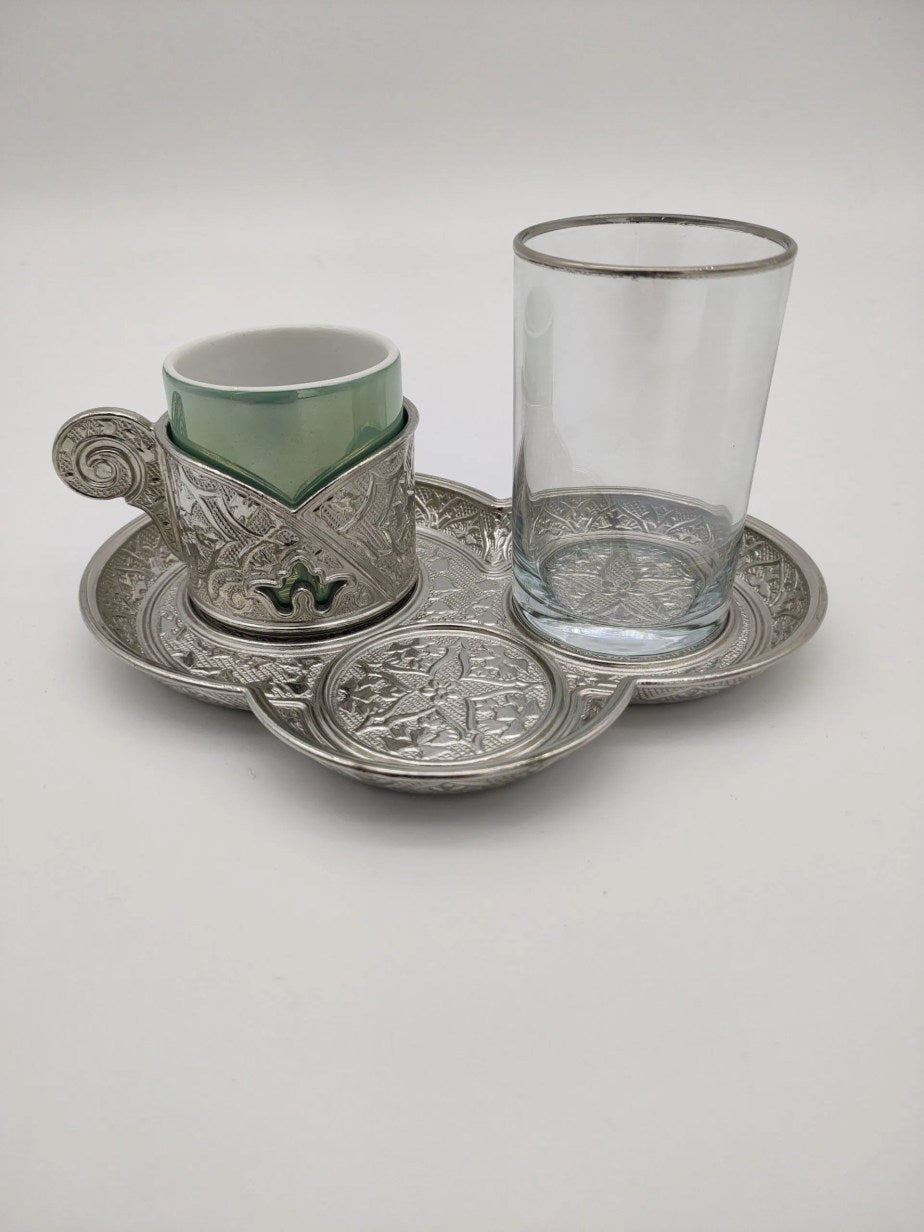 Authentic Turkish Coffee Glass Set 1 Person Servise Greek Arabic Espresso Service Cups Saucers Lids Gold Silver Turkey