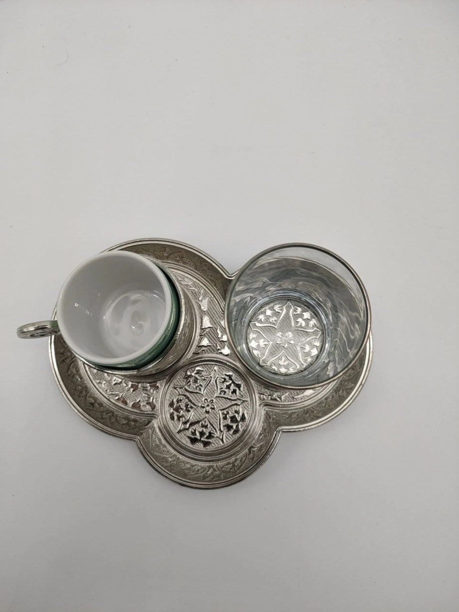 Authentic Turkish Coffee Glass Set 1 Person Servise Greek Arabic Espresso Service Cups Saucers Lids Gold Silver Turkey