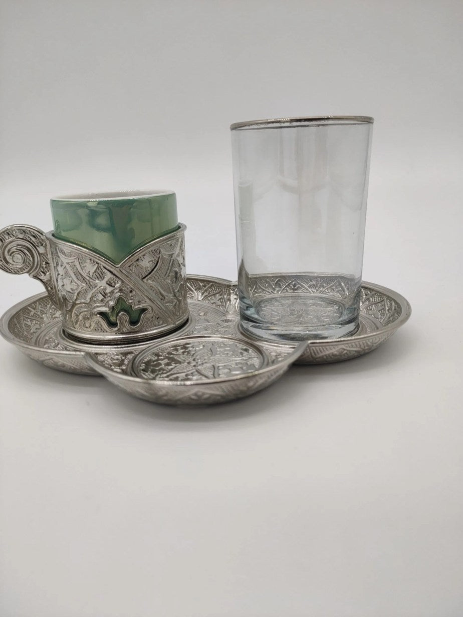 Authentic Turkish Coffee Glass Set 1 Person Servise Greek Arabic Espresso Service Cups Saucers Lids Gold Silver Turkey